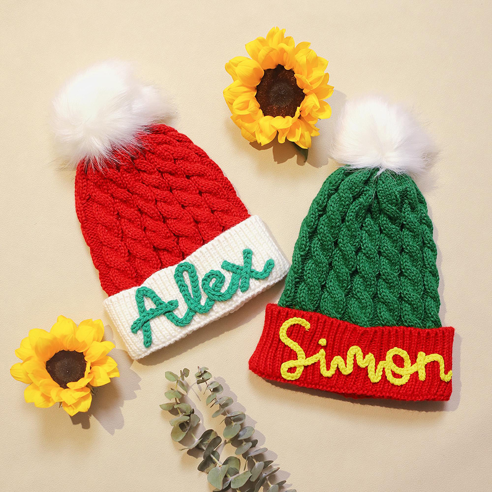 Personalized Hand Embroidery Christmas Pom Pom Hat | HSKid71