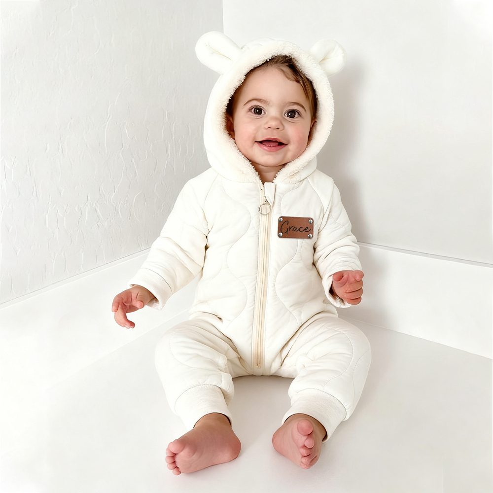 Personalized Leather Patch Kids Thickened Puffer Romper | CWBaby334