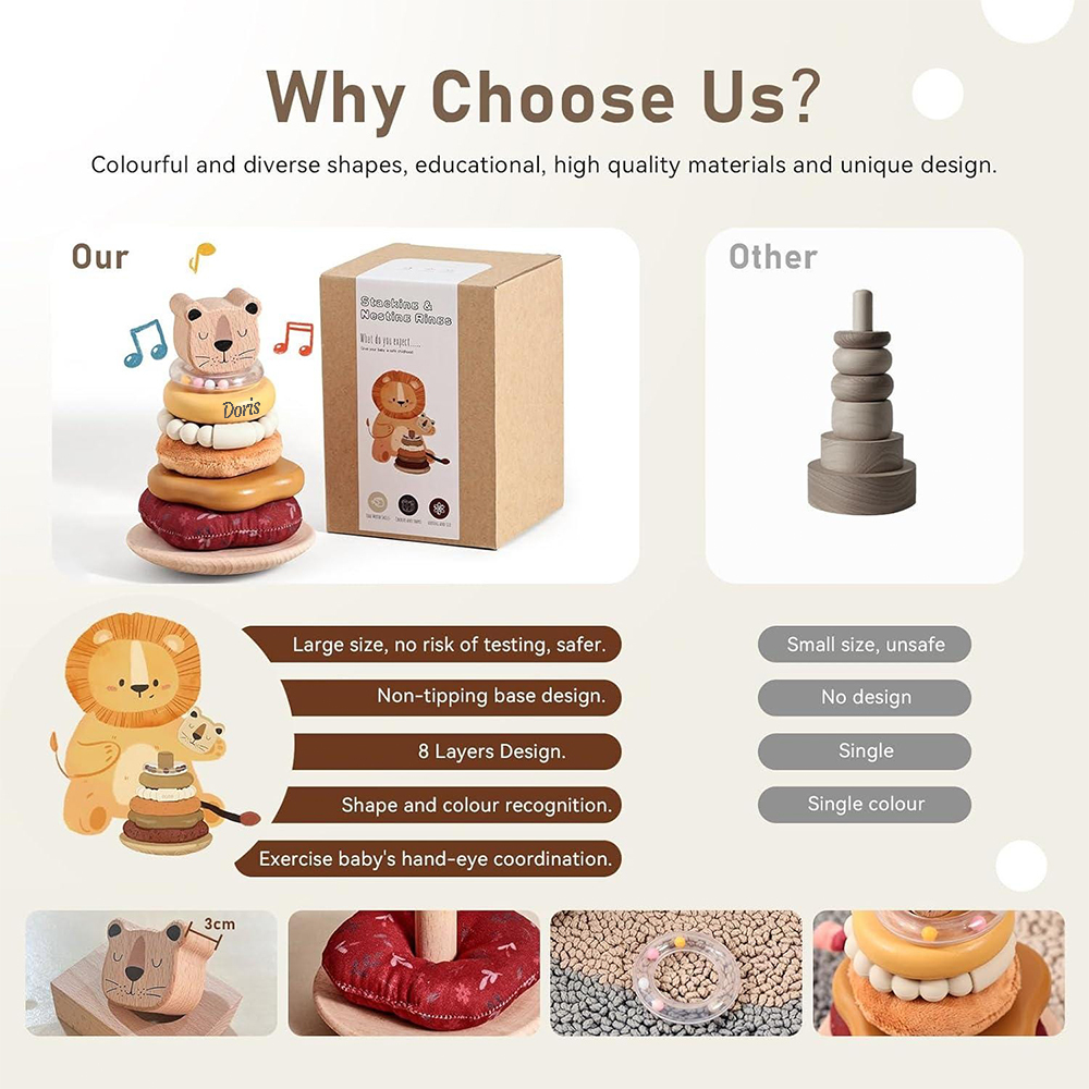 Personalized Wooden Lion Stacking Tower Exercises Toys | CWToy161