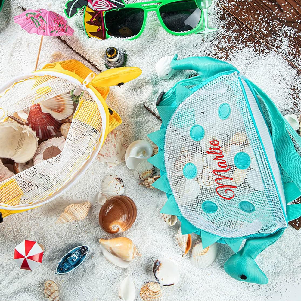 Personalized Embroidery Dinosaur Seashell Zipper Mesh Beach Bag | CWBeach102