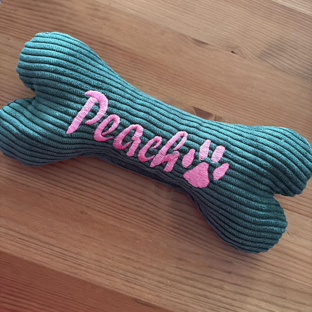 Personalized Embroidered Corduroy Puppy Bone Squeaker Toy | BKPet257