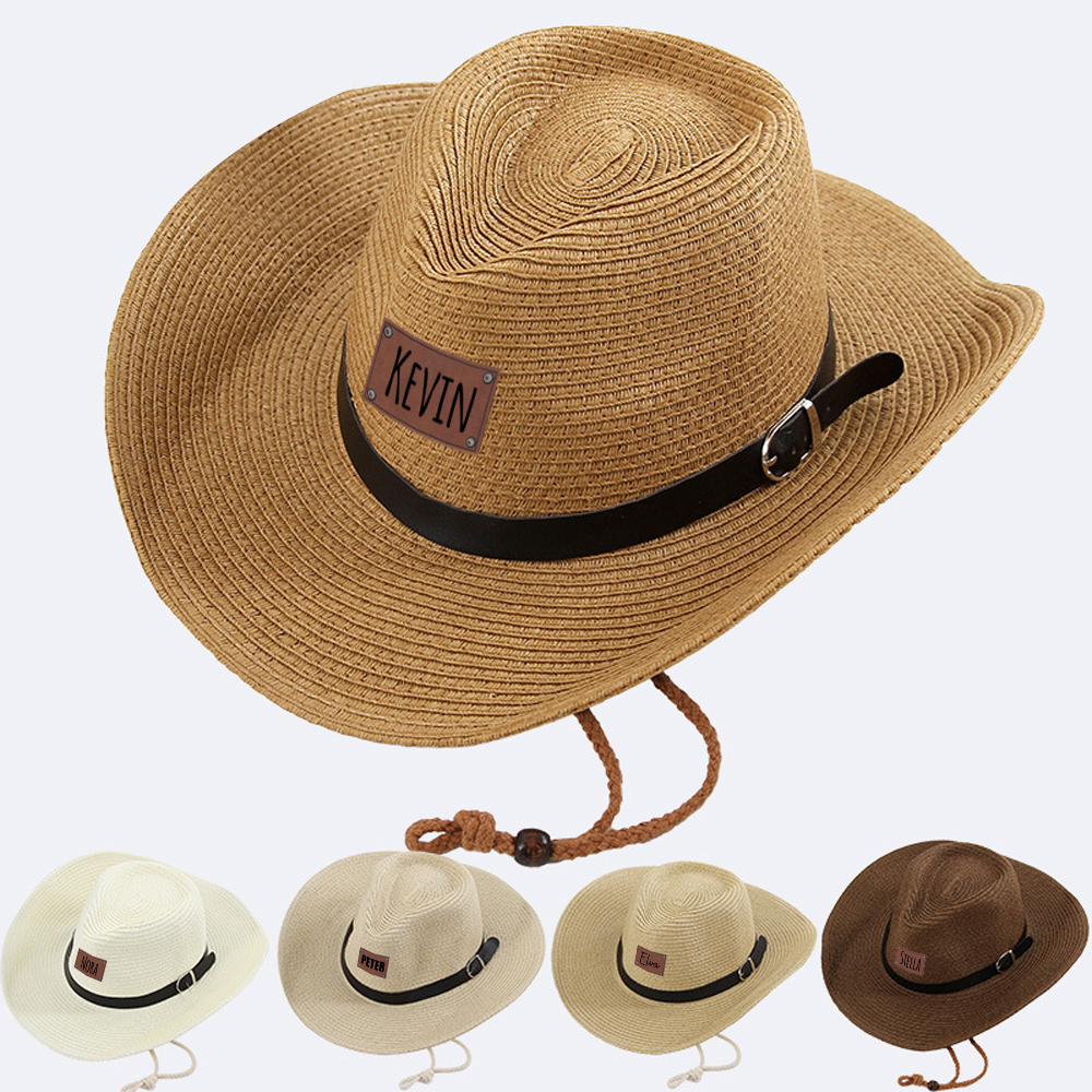 Personalized Leather Patch Cowboy Straw Hat | CWBeach106