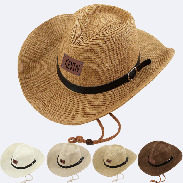 Personalized Leather Patch Cowboy Straw Hat | CWBeach106