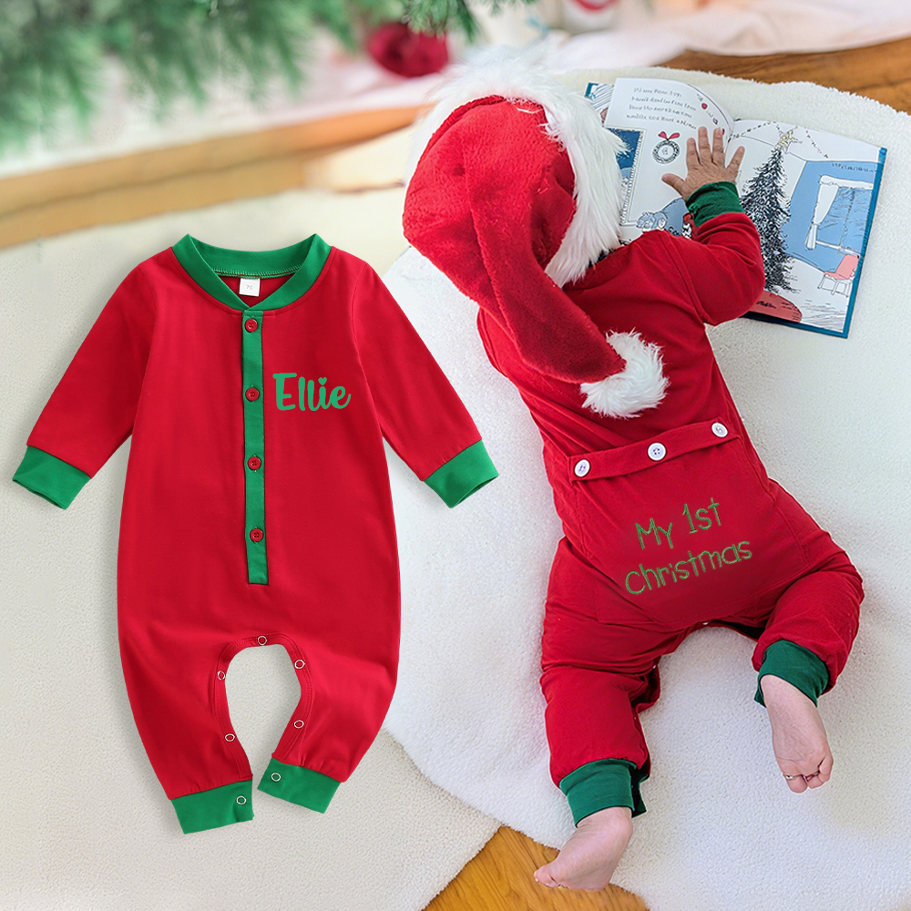 Personalized Baby 1st Christmas Button Down Jumpsuit | MCGift175