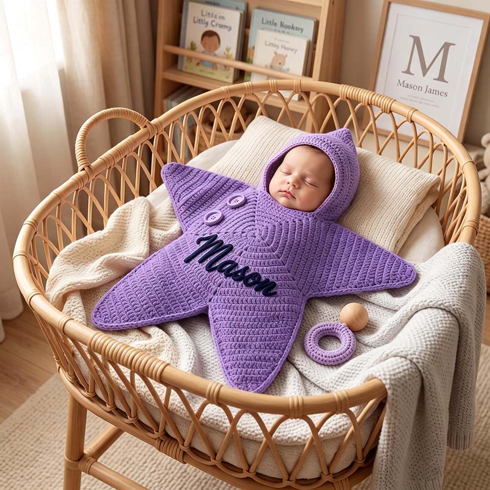 Personalized Hand Embroidered Hooded Crochet Star Baby Cocoon | CWBaby524