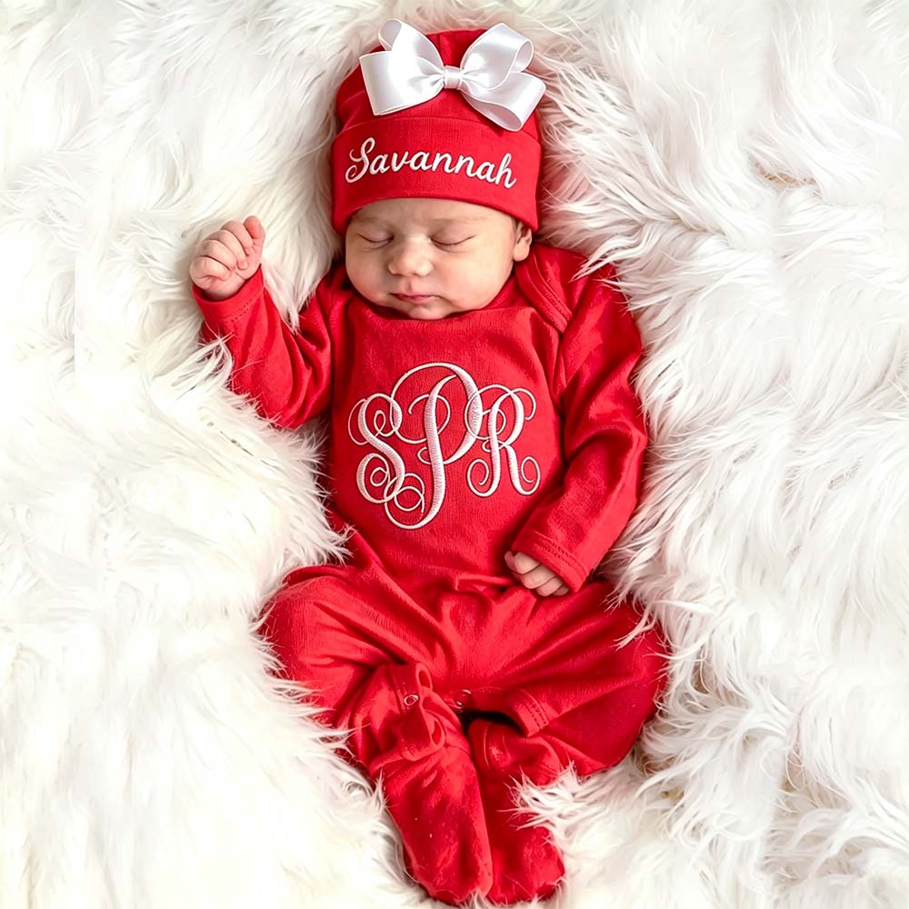Personalized Embroidery Baby Monogram Romper and Hat Set | CWBaby525