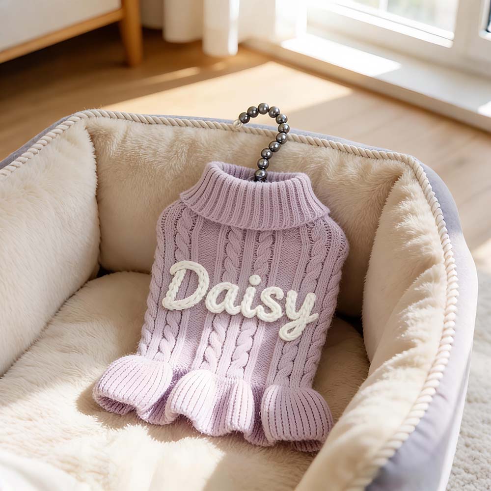 Personalized Hand Embroidered Pet Knitted Ruffle Sweater Dress | BKPet578