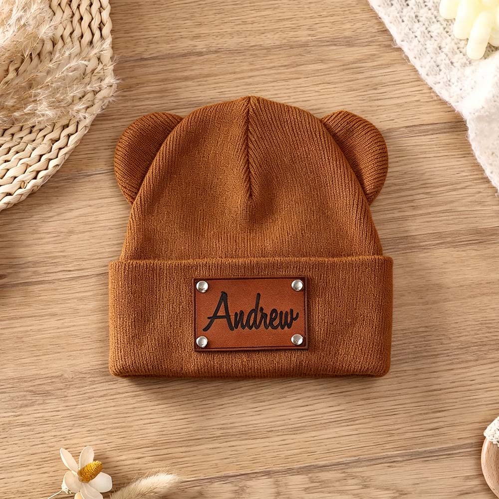Personalized Leather Patch Kid Beanie Hat With Bear Ears | HSKid92