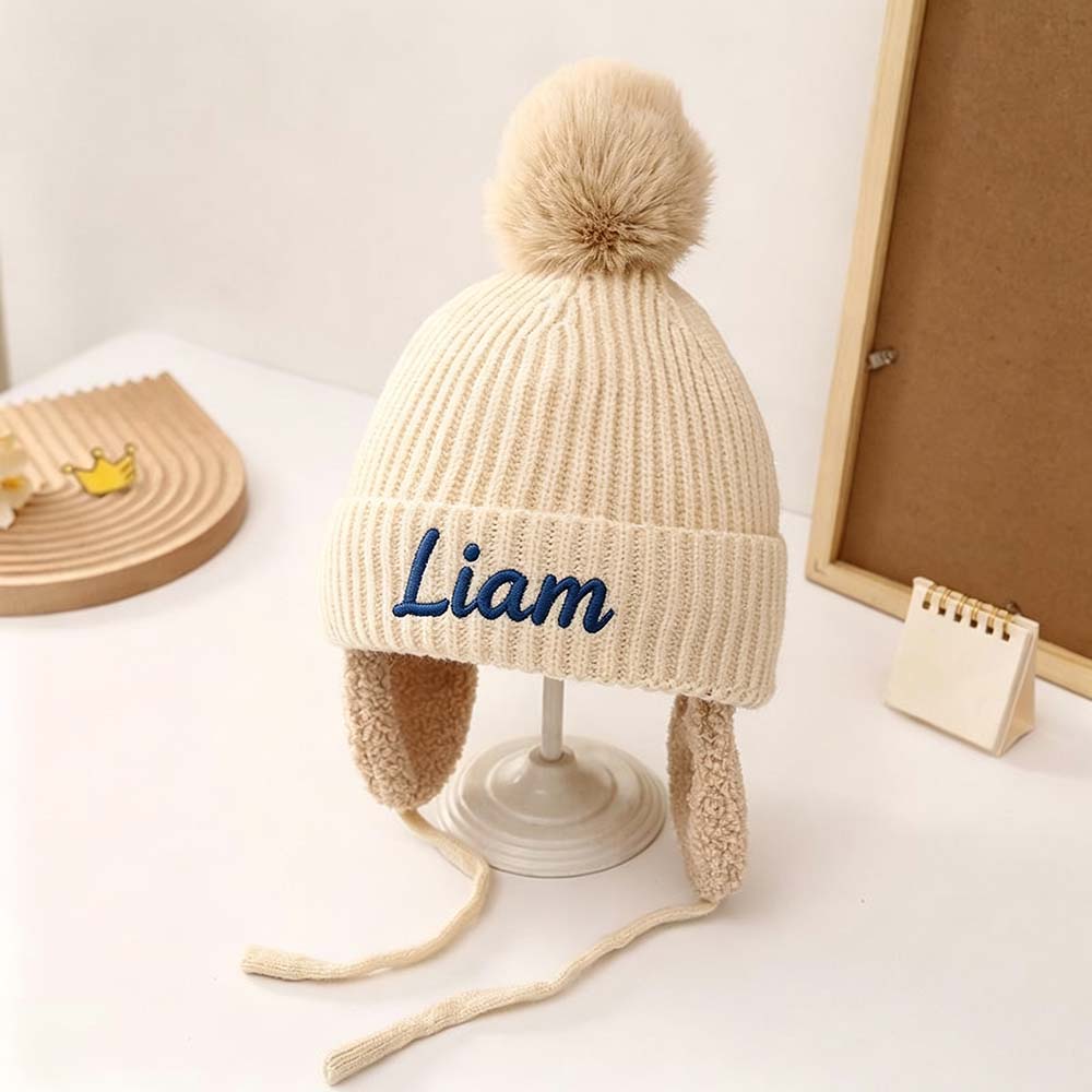 Personalized Embroidered Kids Winter Hat With Ear Flaps & Pom Pom | HSKid93