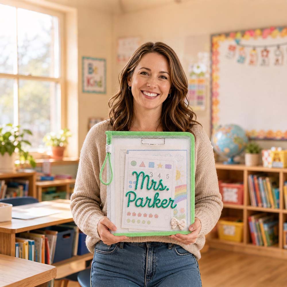 Personalized Hand Embroidered Homework Folder With Handle For Kids | CWToy207