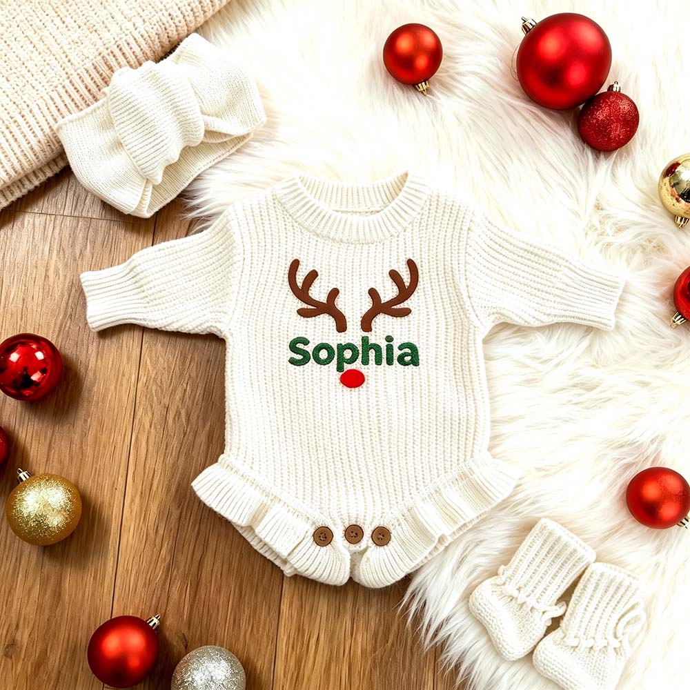 Personalized Embroidered Reindeer Baby Romper Set With Bow Headband & Socks | MCGift388