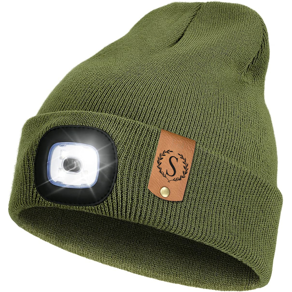 Personalized Kids Leather Tag Beanie with Headlamp | HSKid32