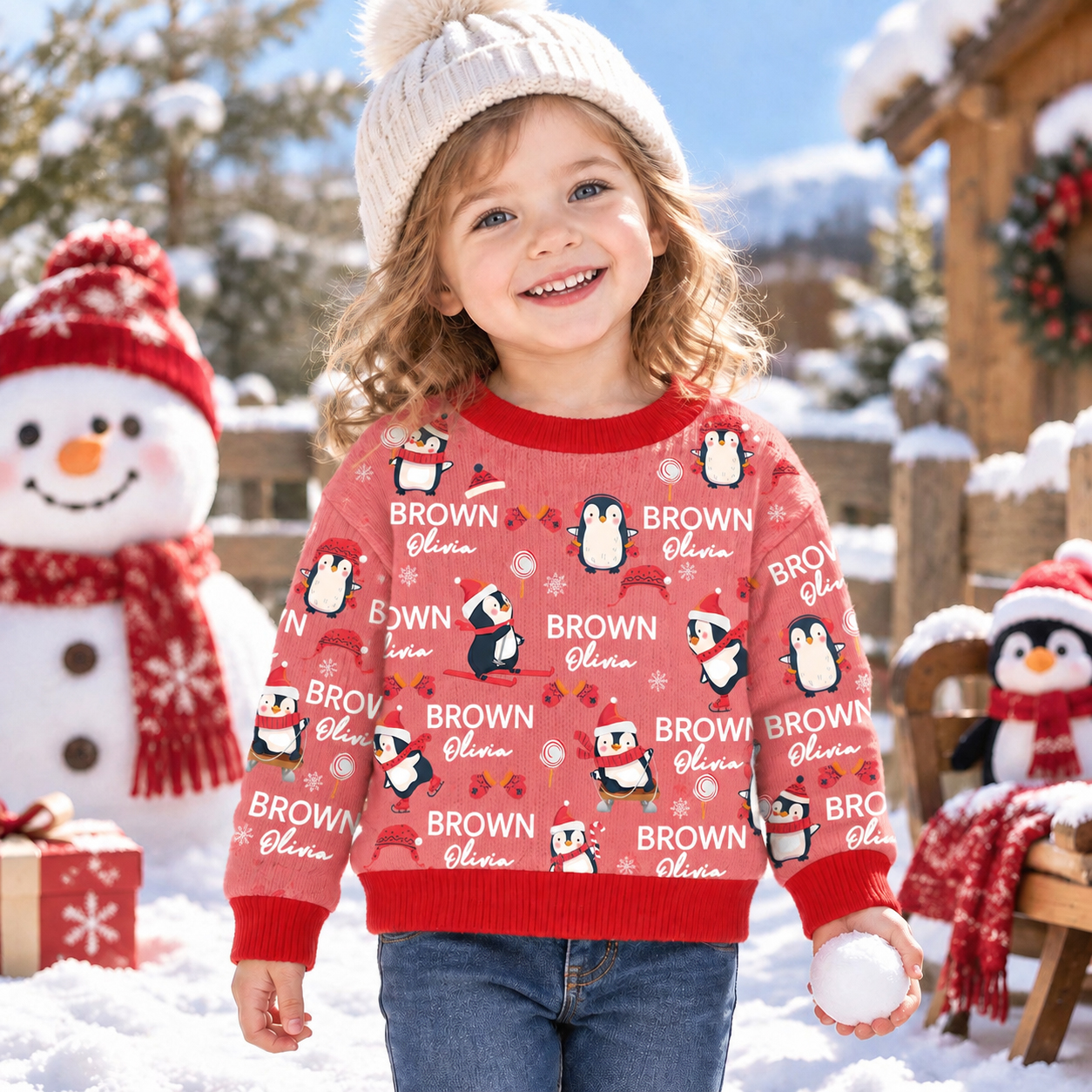 Personalized Lovely Kids Christmas Penguin Knit Sweater | CWSweater14