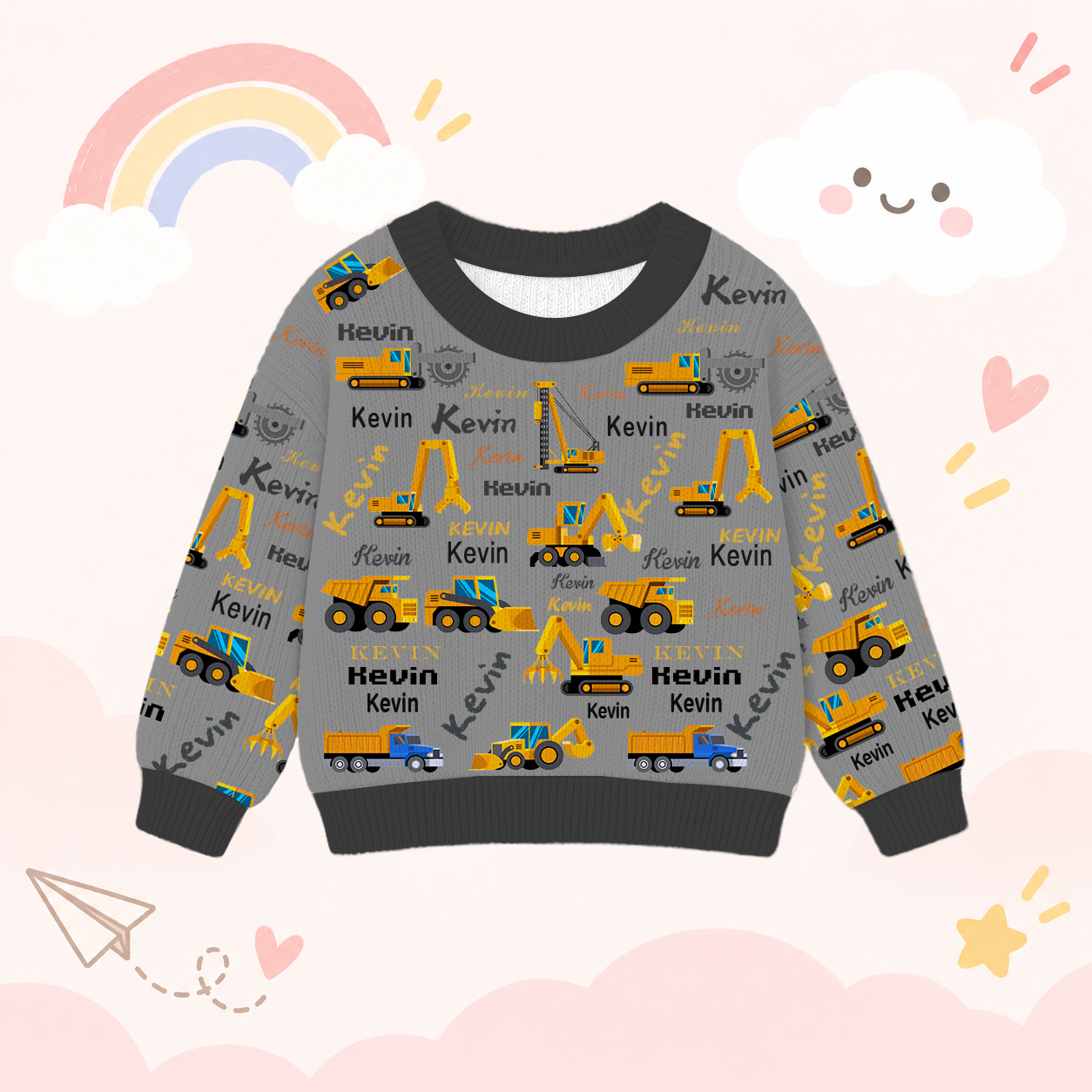 Personalized Lovely Kids Construction Vehicle Knit Sweater | CWSweater24
