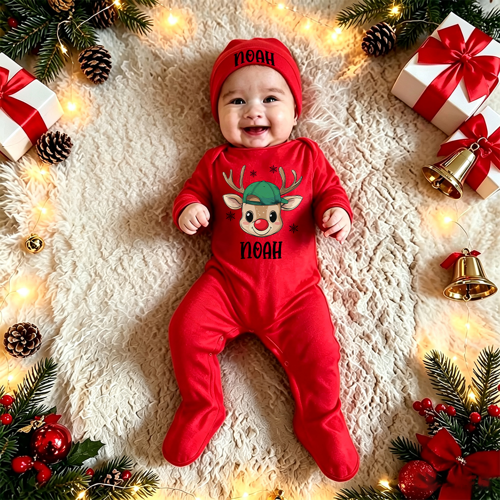 Personalized Baby Christmas Reindeer Romper & Hat Set | MCGift421