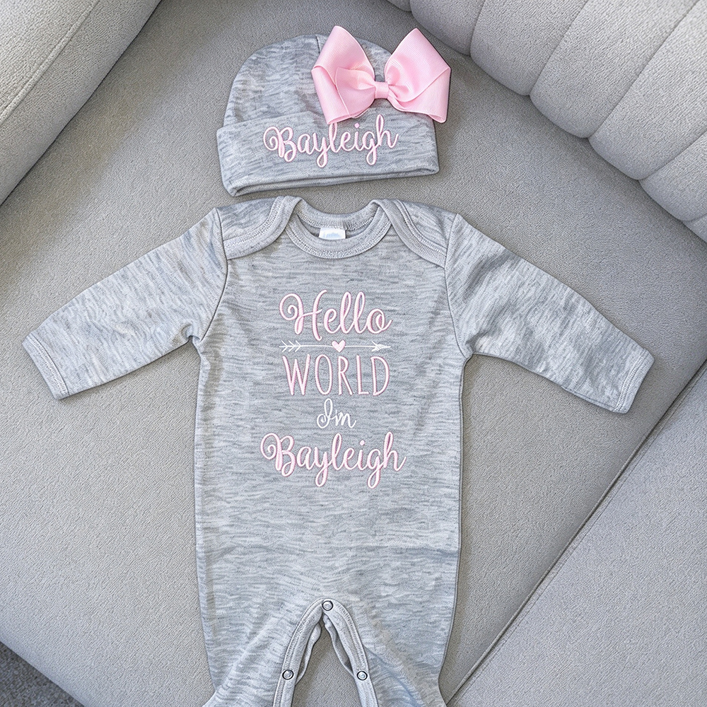 Personalized Embroidery Baby Girl Coming Home Romper and Hat Set | CWBaby425