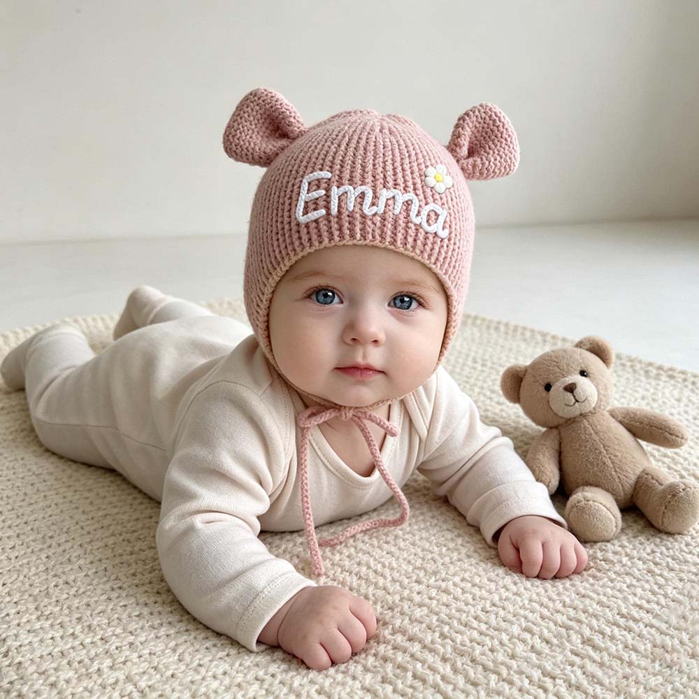 Personalized Hand Embroidered Bear Ears Baby Knit Beanie Hat | CWBaby563
