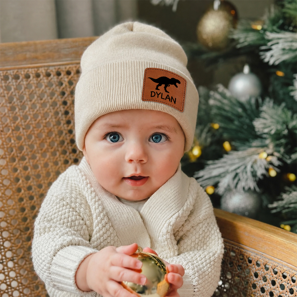 Personalized Kids Dinosaur & Excavator Leather Patch Beanie Hat | HSKid100