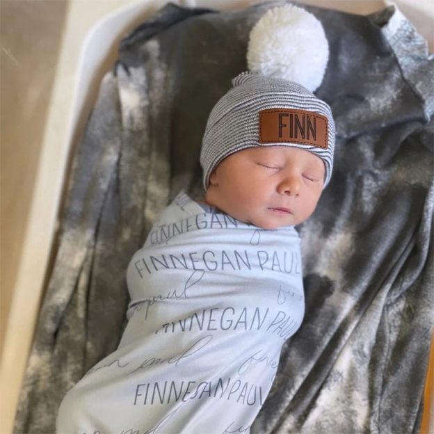 Personalized Leather Patch Pom Pom Beanie for Comfort & Unique | HSKid35