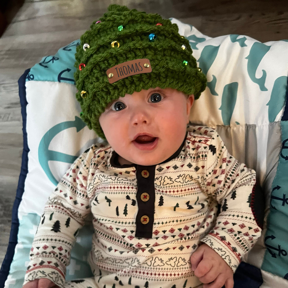 Personalized Leather Patch Christmas Tree Crochet Hat | MCGift51