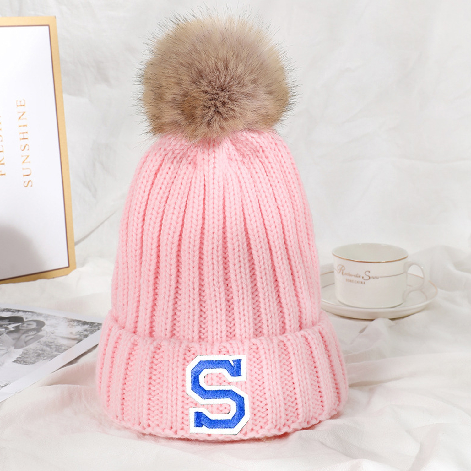 Personalized Initial Patch Pom Pom Beanie Hat | HSKid45
