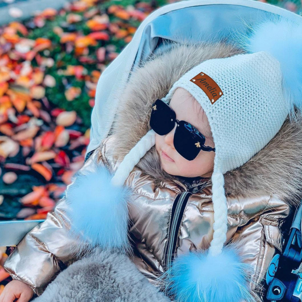 Personalized Leather Patch  Pom Pom Knit Hat With Tassels | HSKid46