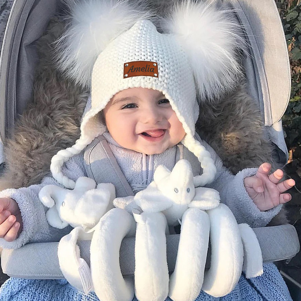 Personalized Leather Patch Pom Pom Knit Hat With Tassels | HSKid47