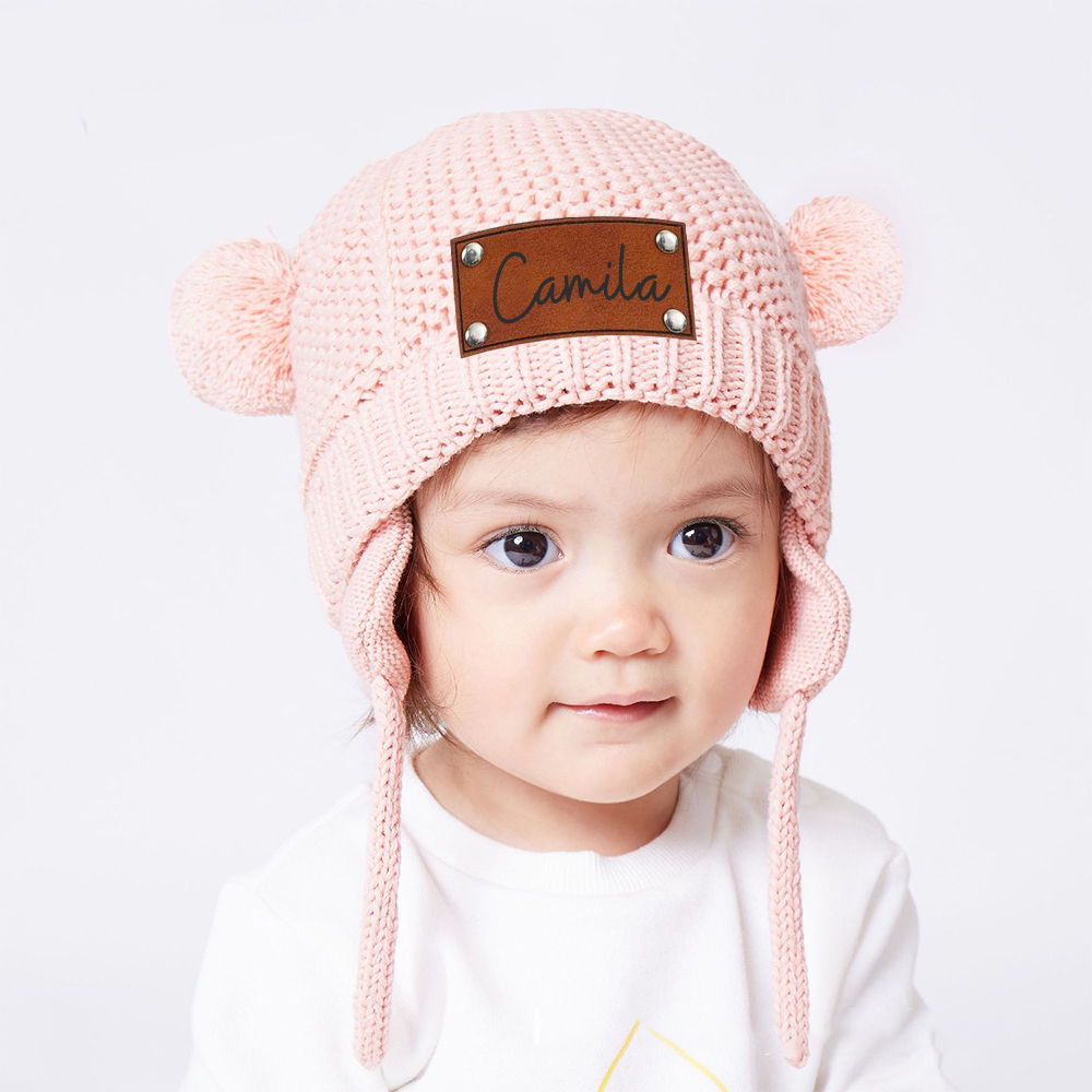 Personalized Leather Patch Pom Pom Knit Hat With Tassels | HSKid50