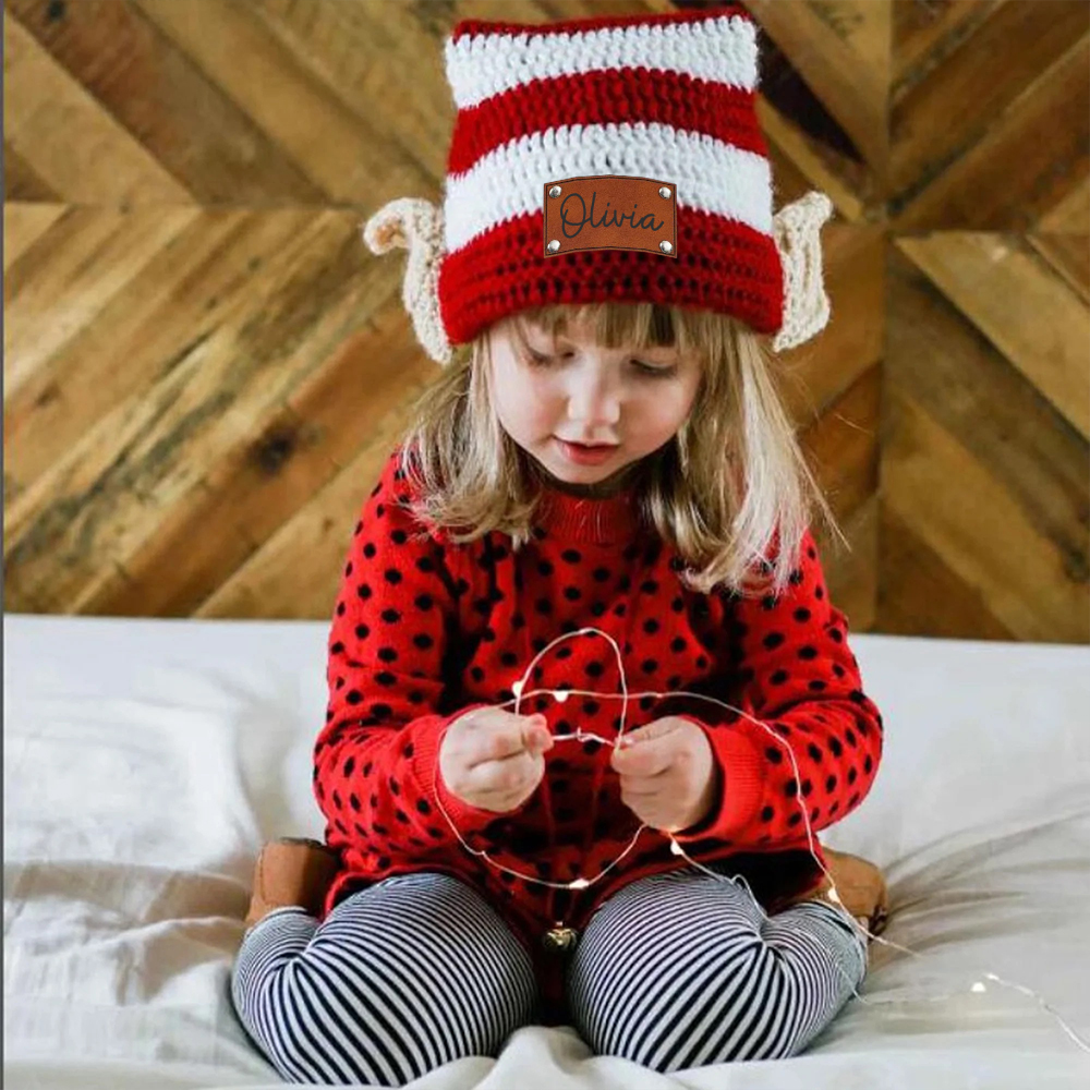 Personalized Crochet Leather Patch Christmas Elf Hat With Ears | MCGift70