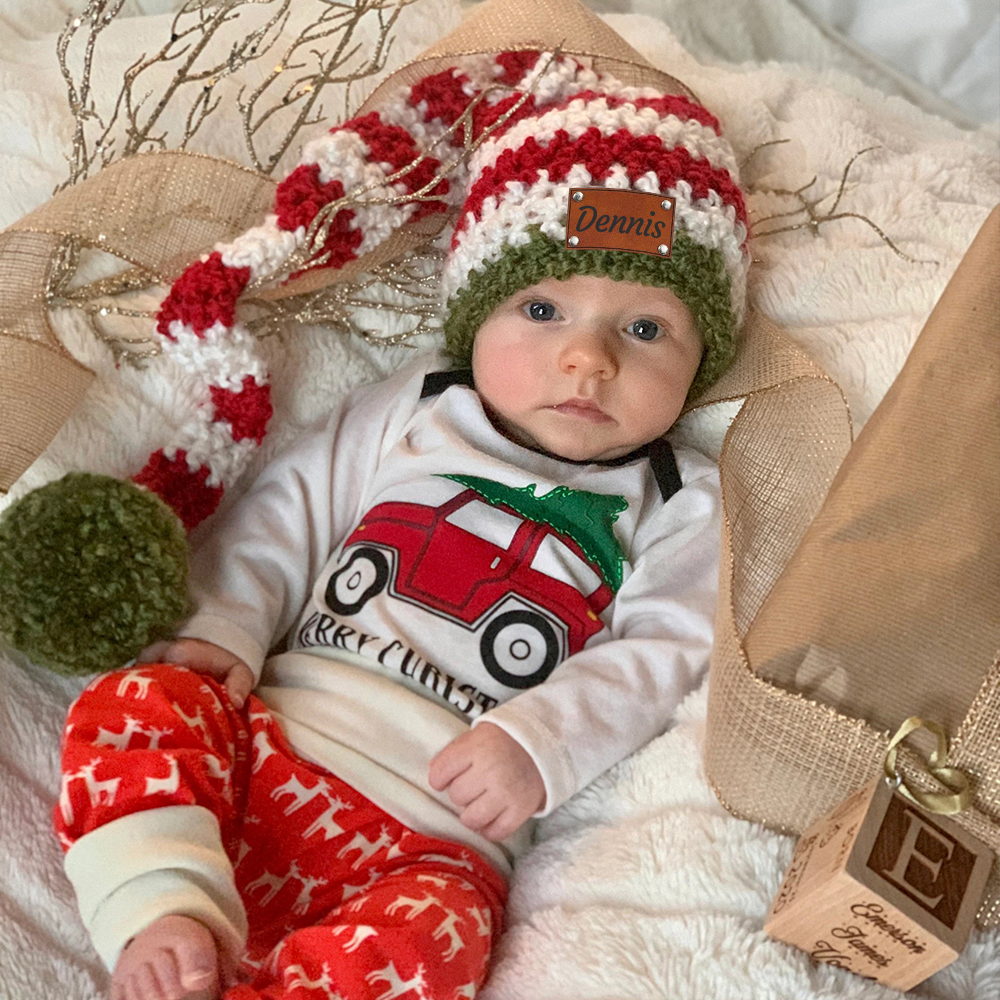 Personalized Leather Patch Christmas Elf Long Tail Hat | MCGift71