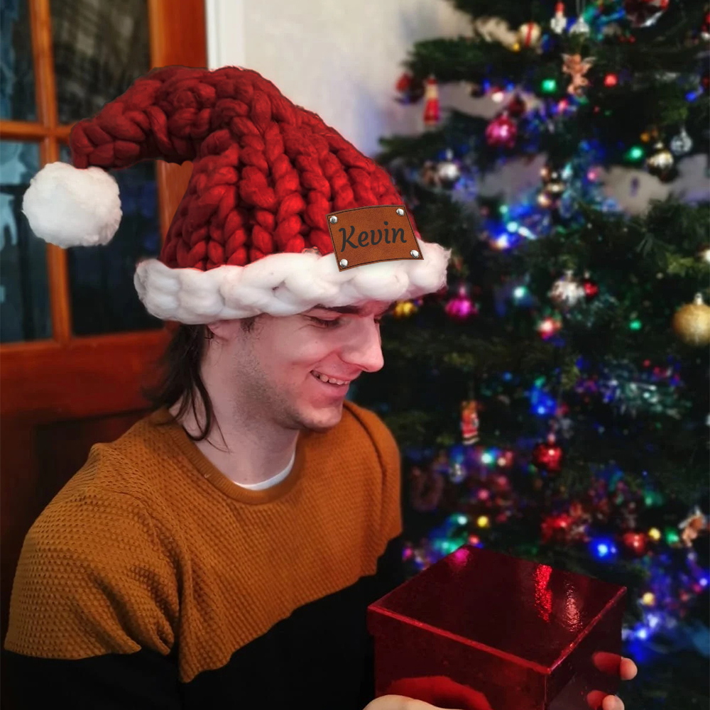 Personalized Leather Patch Chunky Knit Oversized Christmas Hat | MCGift97