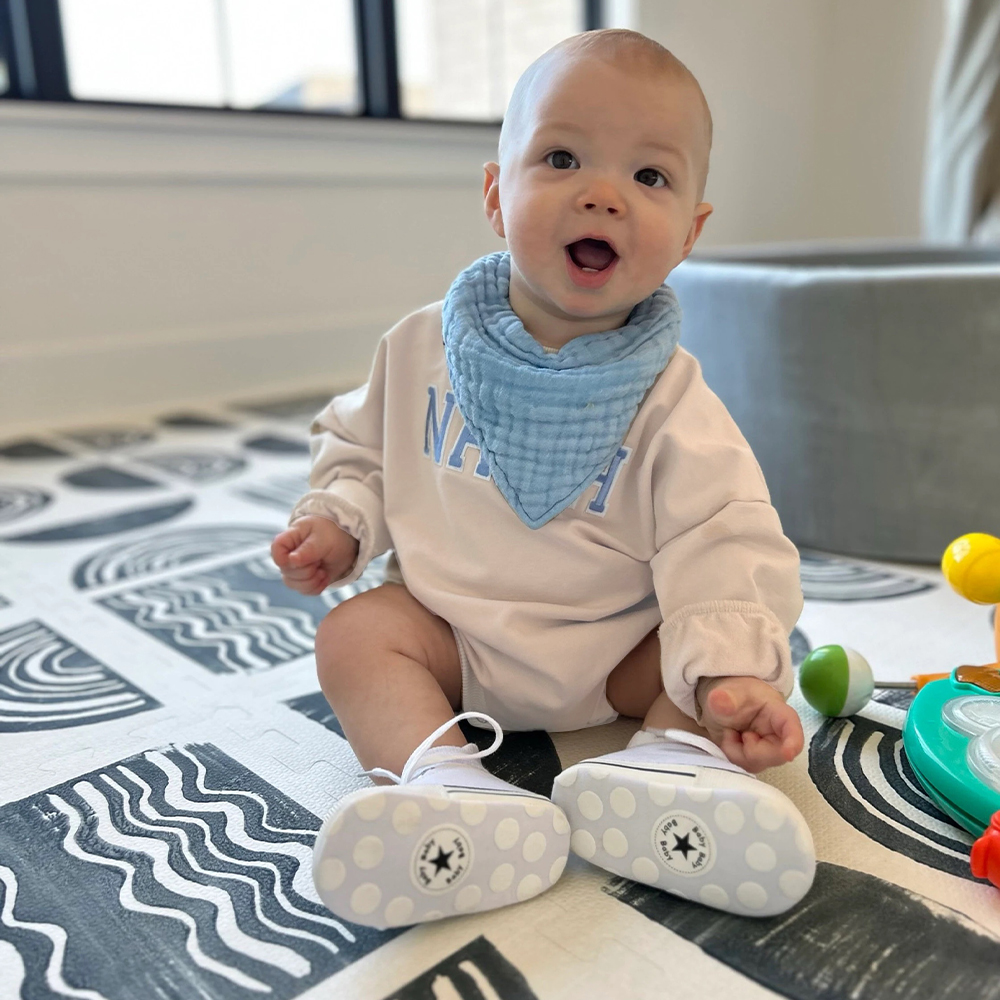 Personalized Letter Patch Neutral Baby Sweatshirt Romper | CWBaby114