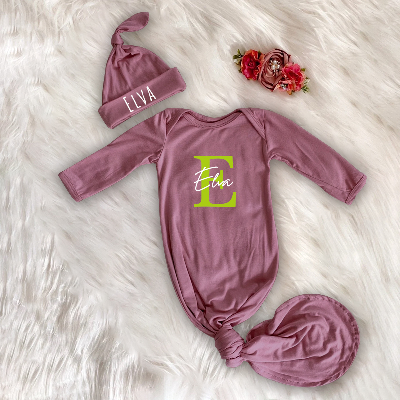 Personalized Cozy Newborn Gown with Knotted Hat | CWbaby33