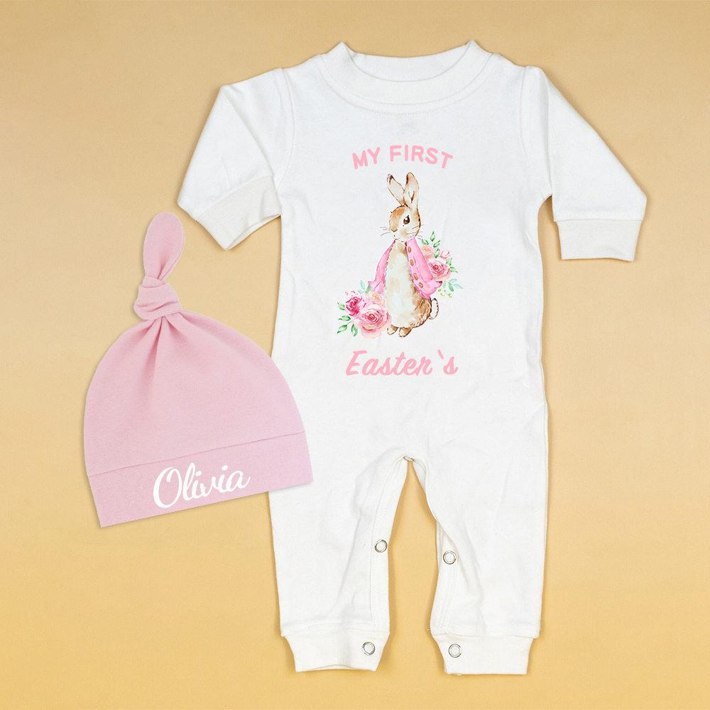 Personalized Baby First Easter Ropmer and Hat Set | CWBaby139