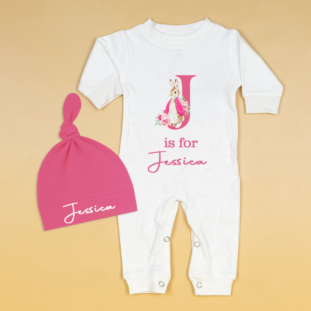 Personalized Baby Bunny Monogram Ropmer and Hat Set | CWBaby140