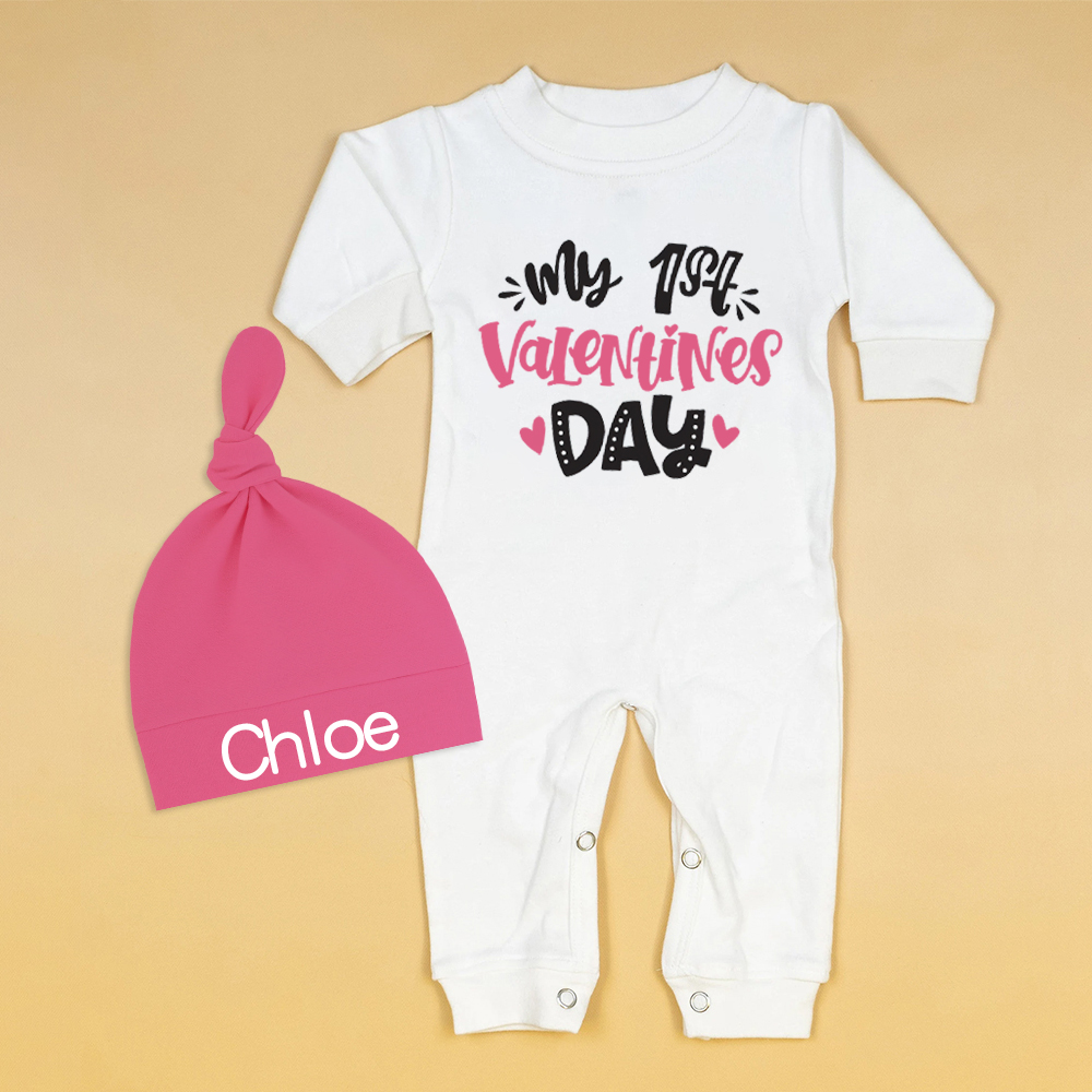 Personalized Baby First Valentine Ropmer and Hat Set | CWBaby145