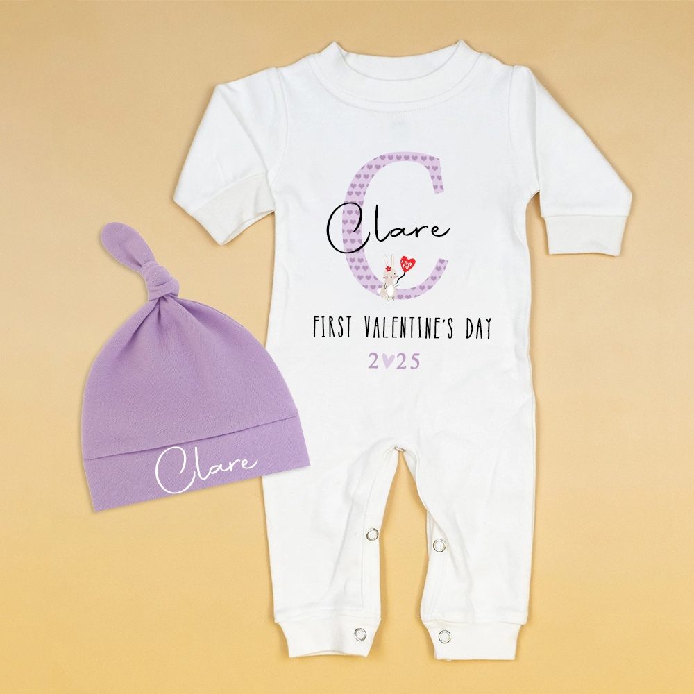 Personalized Baby First Valentine Ropmer and Hat Set | CWBaby147