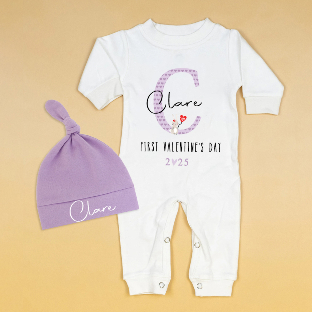 Personalized Baby First Valentine Ropmer and Hat Set | CWBaby147