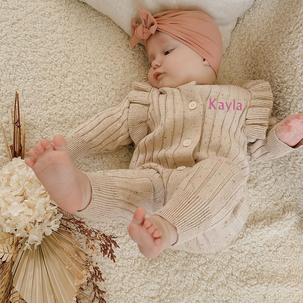 Personalised Embroidery Baby Ruffle Knit Romper | CWBaby149