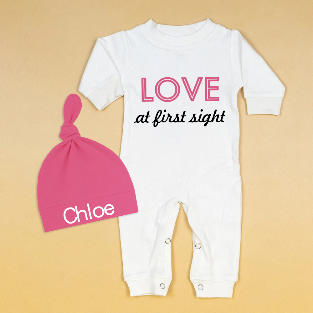 Personalized Baby First Valentine Ropmer and Hat Set | CWBaby146