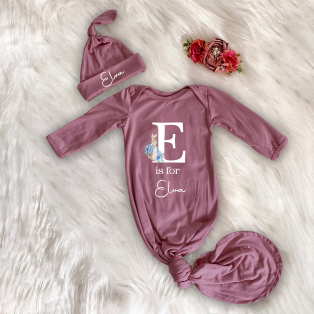 Personalized Cozy Newborn Easter Gown with Knotted Hat | CWbaby39