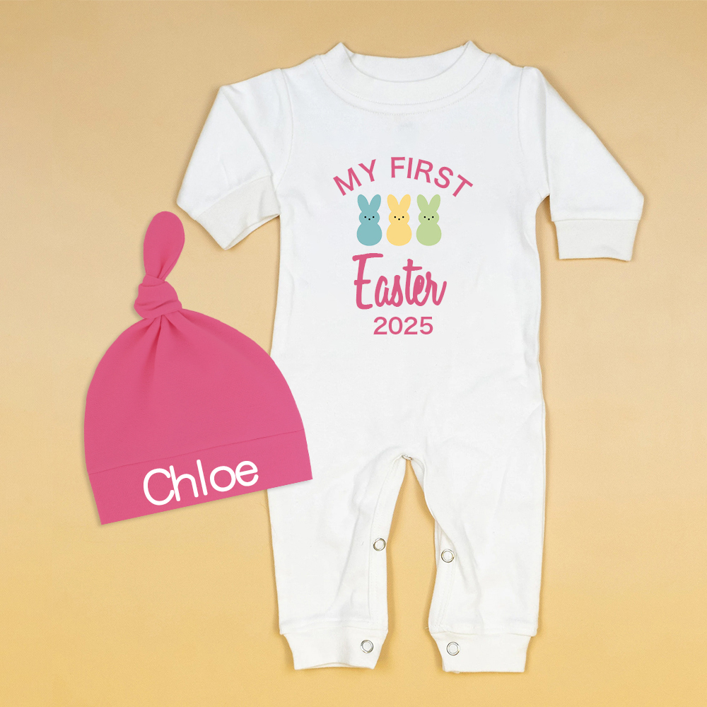 Personalized Baby Lovely First Easter Ropmer and Hat Set | CWBaby181