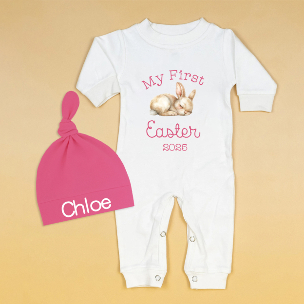 Personalized Baby First Easter Bunny Ropmer and Hat Set | CWBaby183