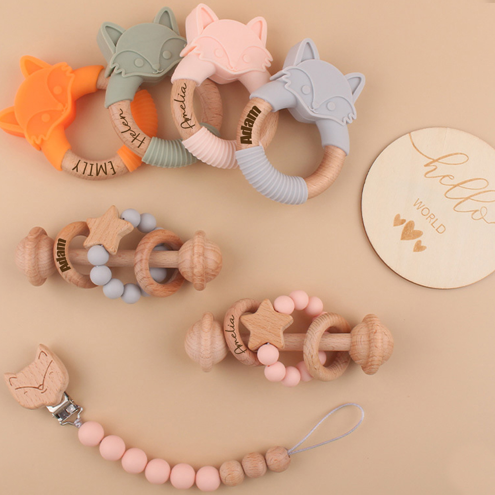 Personalized Baby Wooden Fox Pacifier Clip 4 Pcs Gift Set | CWBaby113