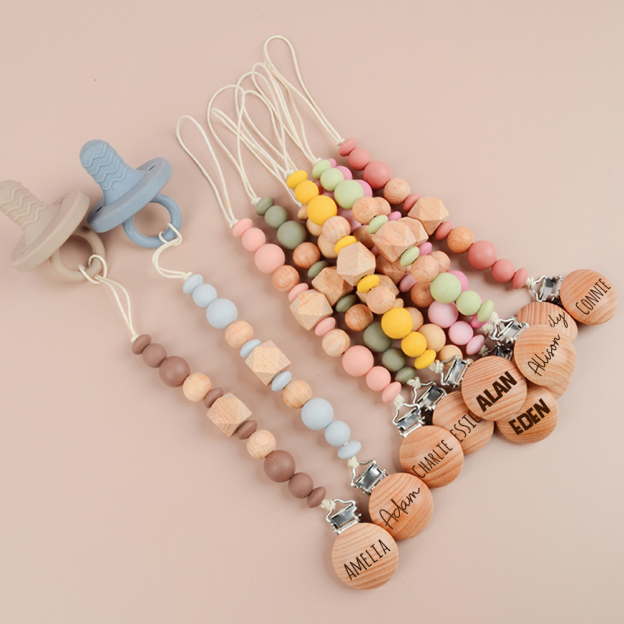 Personalized Baby Pacifier Silicone Wooden Bead Clip | CWBaby115