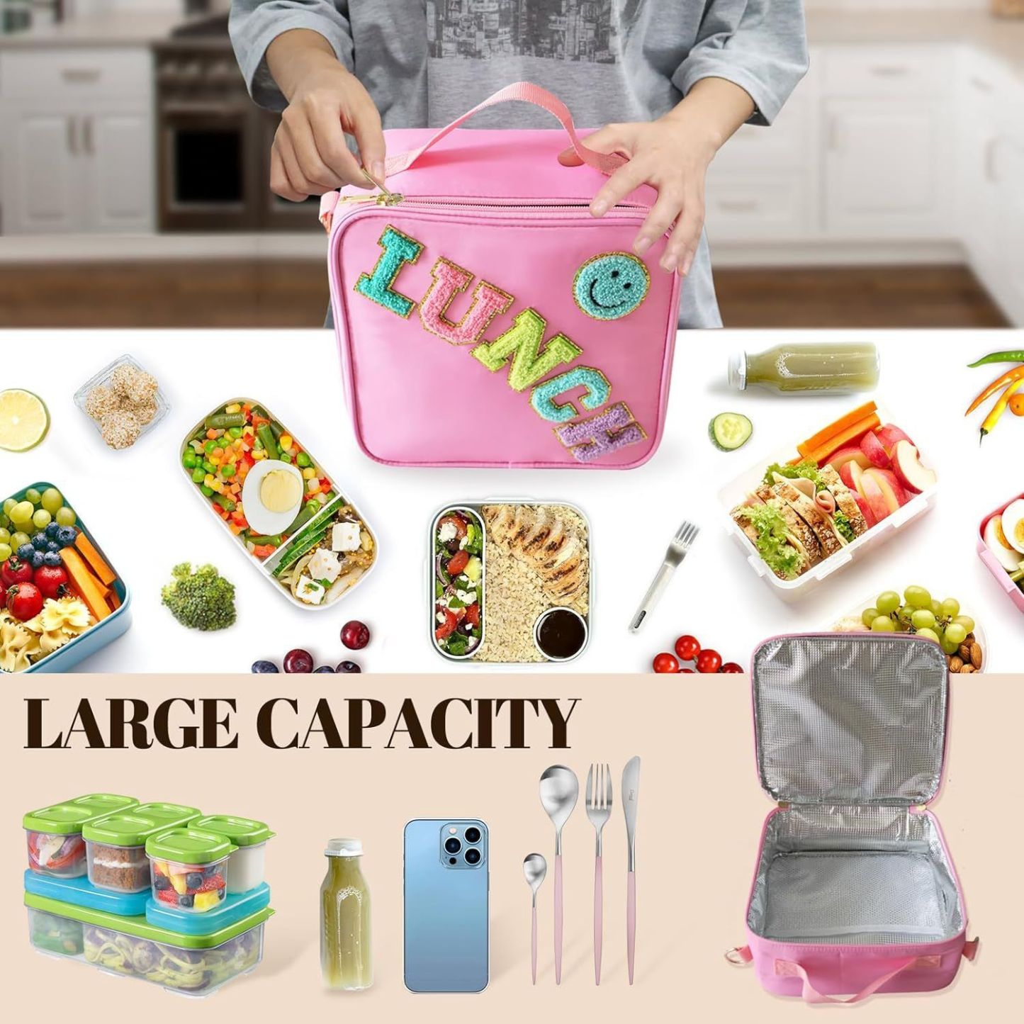 Personalized Chenille Letter Lunch Bag With Strap
