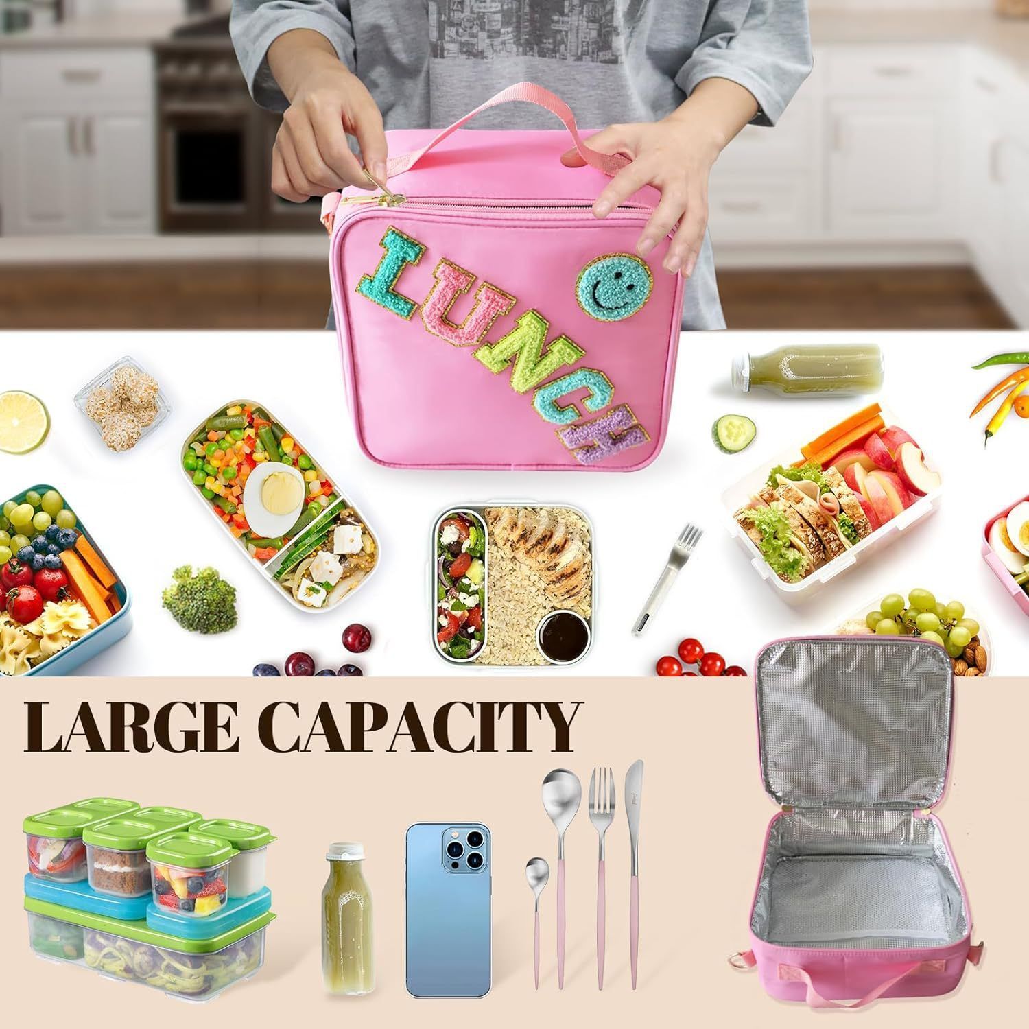 Personalized Chenille Letter Lunch Bag With Strap