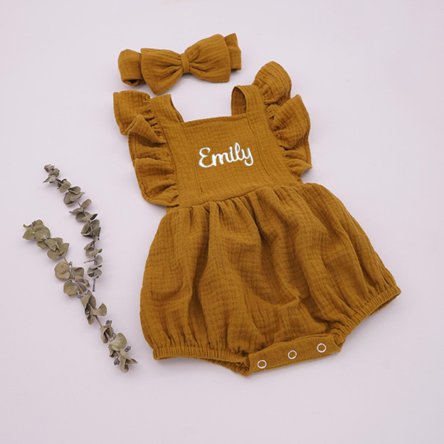 Personalized Embroidery Baby Organic Cotton Muslin Romper with Bow | inRomper35