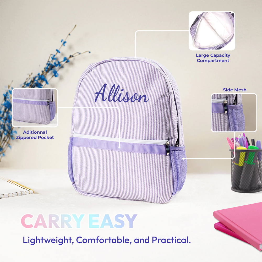 Personalized Chenille Patch Kids Seersucker School Backpack Set