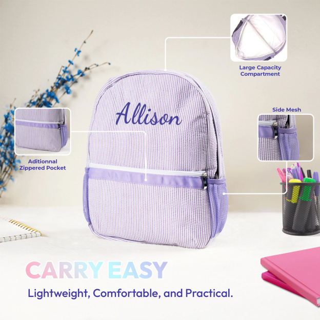 Personalized Chenille Patch Kids Seersucker School Backpack Set